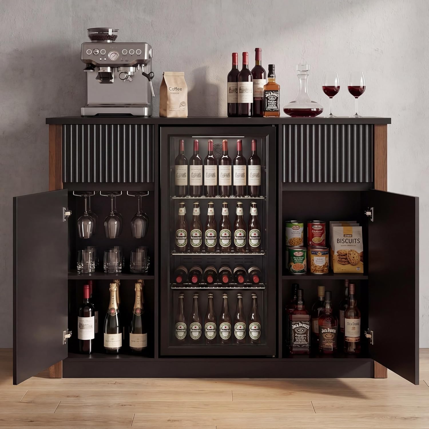 Coffee Bar Cabinet with Mini Fridge Space, Wine Bar Cabinet for Home, Buffet Sideboard with Wine Rack and Storage Shelves, Liquor Cabinet for Kitchen, Dining Room,55.1" W Black