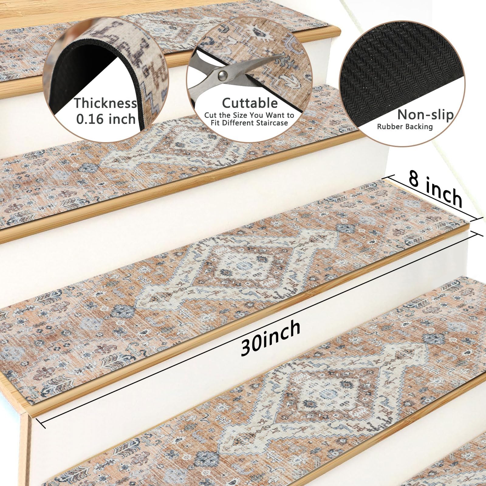 Homcomodar 15PCS Tapis Escalier Antidérapant 76x20cm Vintage Tapis de Marchettes d'Escalier Lavable Tapis d'Escalier Intérieur Para Animaux de Compagnie des Enfants Orange