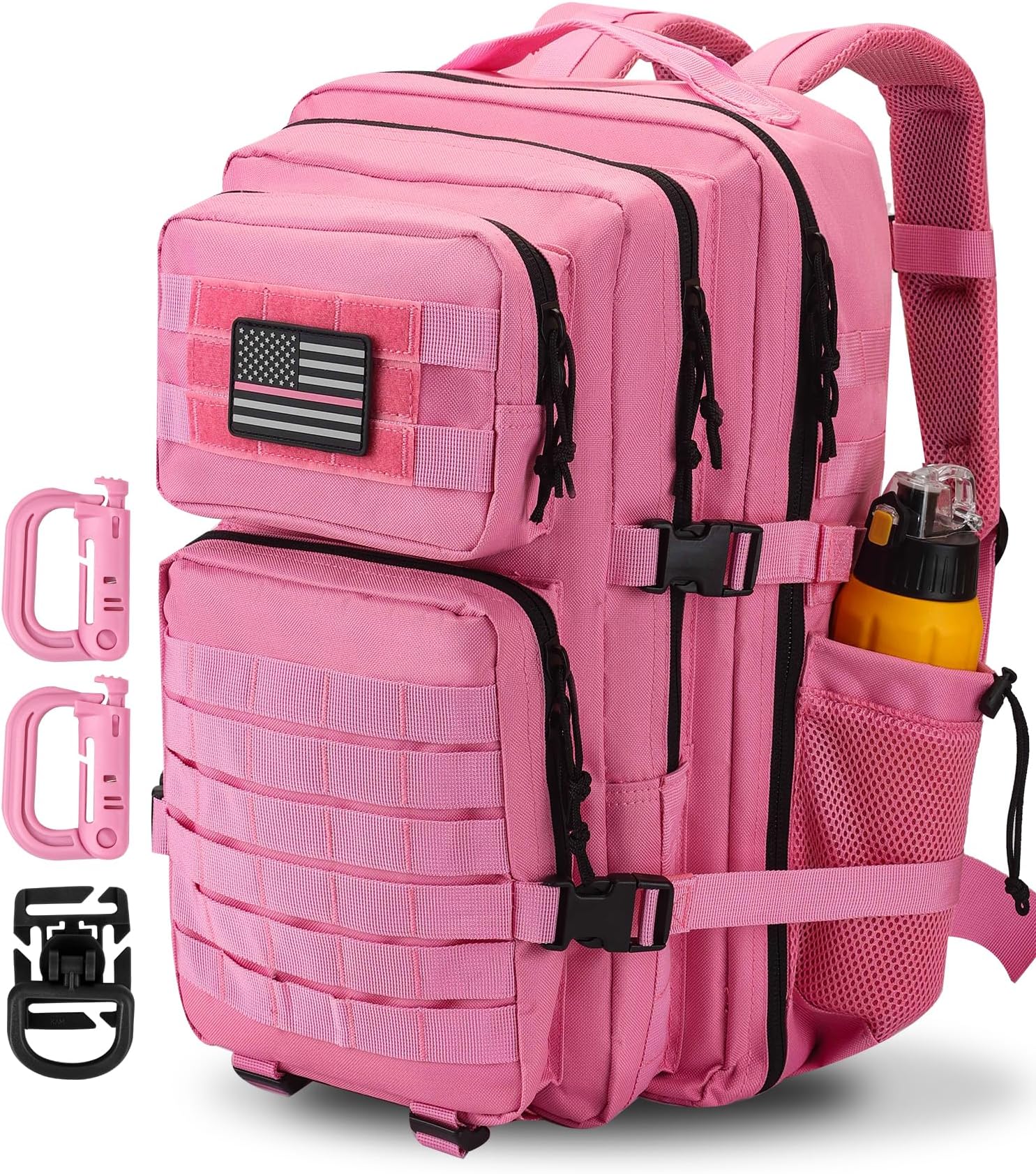 Hannibal Tactical 45L MOLLE Assault Backpack, Tactical Backpack Military Army Camping Rucksack with Bottle Holder, 3-Day Pack Trip w/USA Flag Patch, D-Rings, Pink