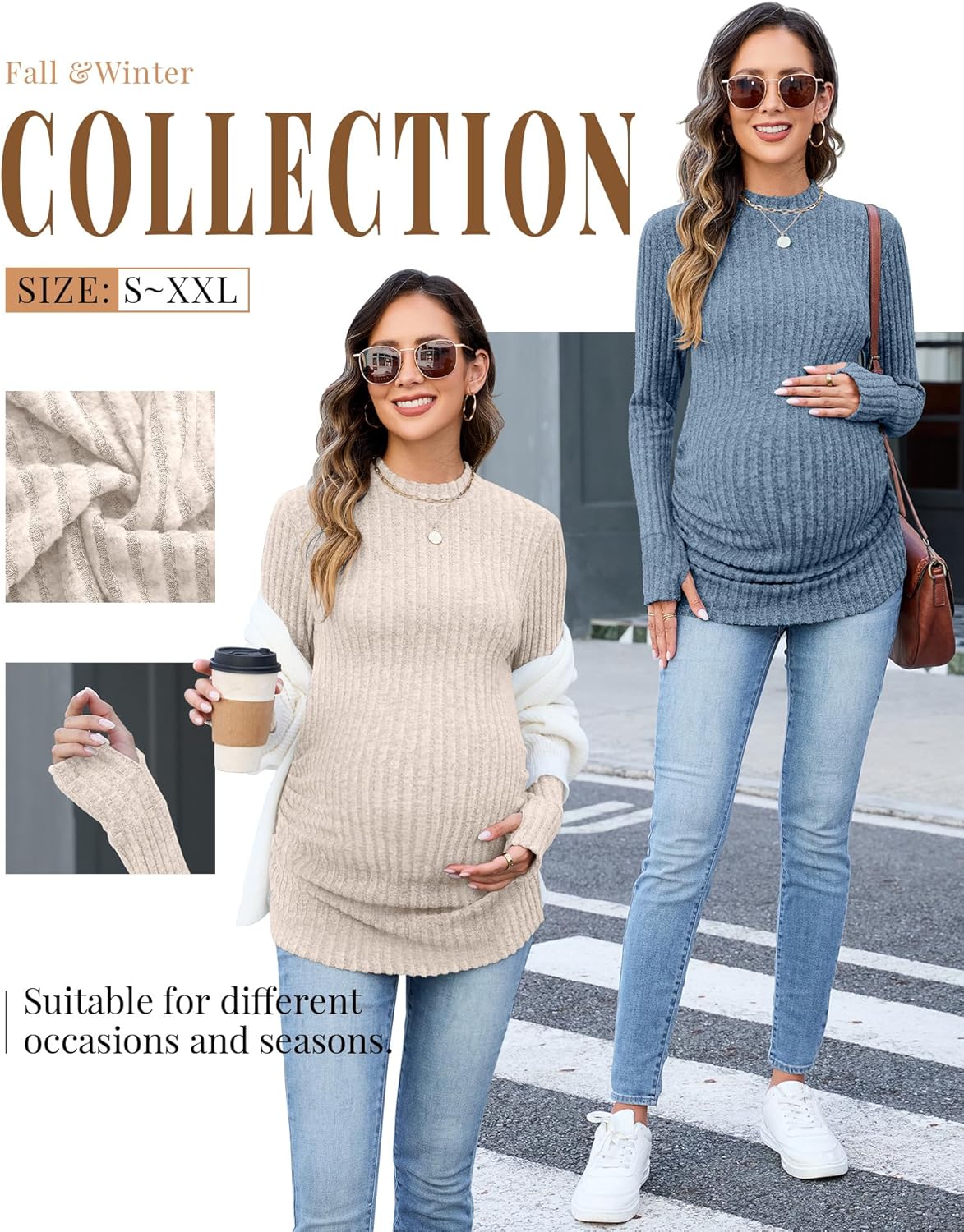 3 Pack Women's Maternity Shirts Mock Turtleneck Long Sleeve Ribbed Pregnancy Tops with Thumb Hole Mama Clothes - Image 4