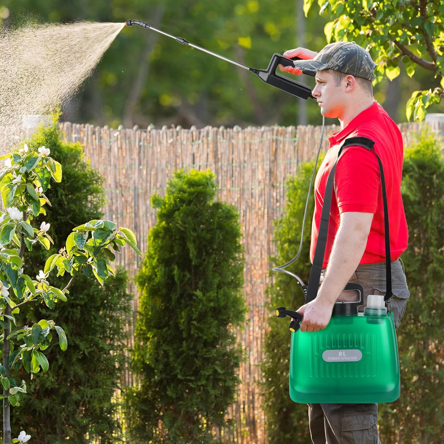 Battery Powered Sprayer 2 Gallon, Electric Sprayer with 4 Mist Nozzles, USB Rechargeable Handle, 32in telescopic Wand, Garden Sprayer with Adjustable Shoulder Strap for Lawn, Garden, Cleaning