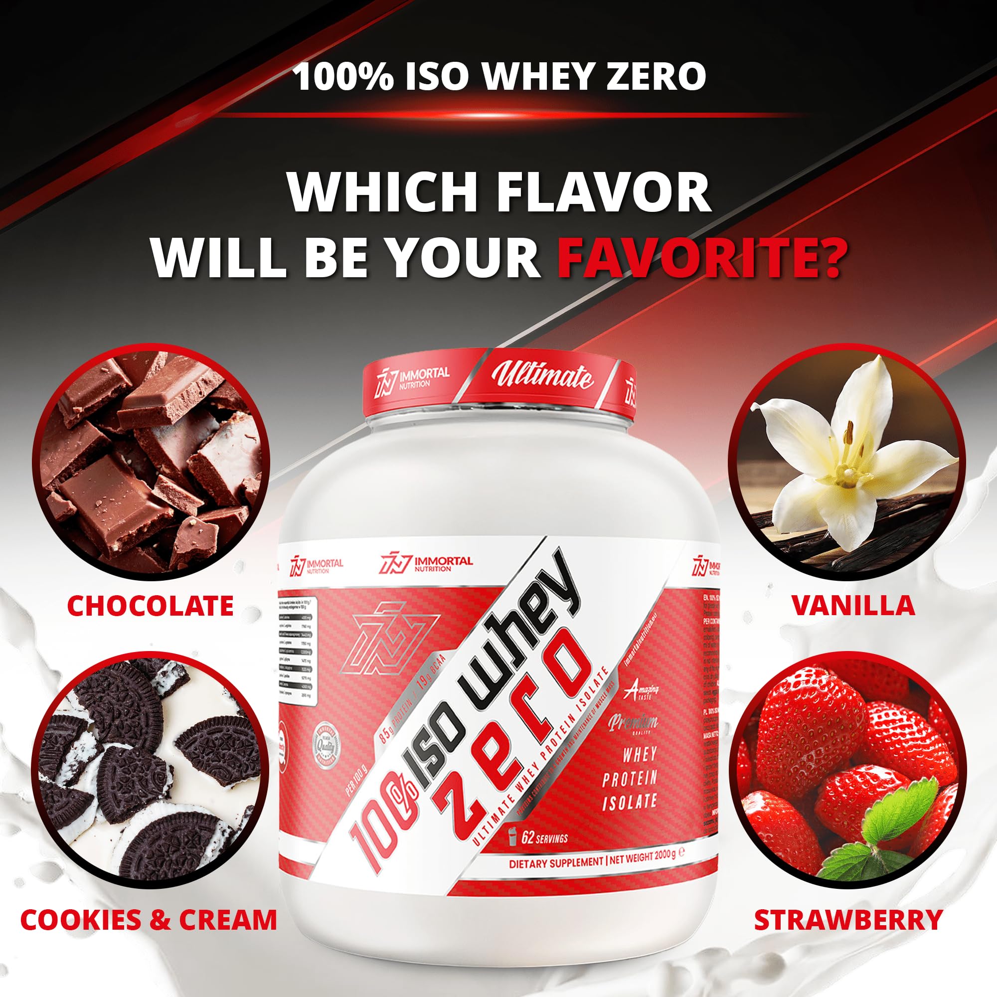IMMORTAL NUTRITION 100% ISO Whey Zero Izolat Białka Serwatkowego - Izolat w proszku z 27,2 g białka na porcję - 85% zawartości białka - Niska zawartość cukru i tłuszczu (2 kg, Wanilia)