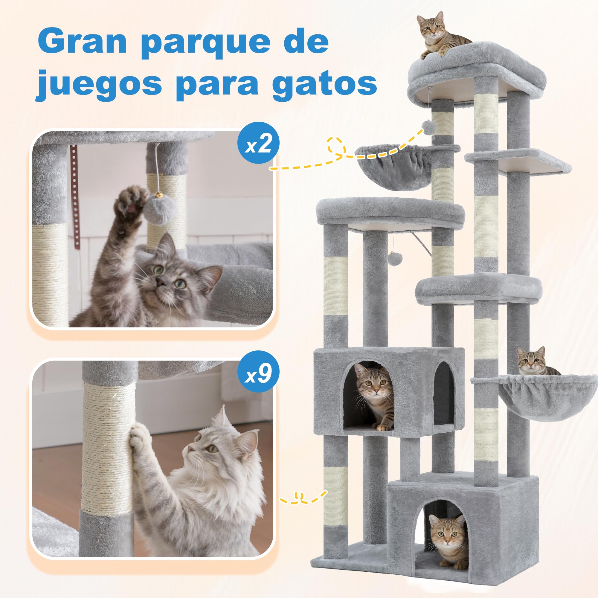 Hey‑brother Rascador para Gatos,con 3 Plataformas Grandes, 2 Cueva, MPJ084W | 171cm Árbol para Gatos Multi-Nivel, 2 Cestas Suaves, 2 Pelota de peluche, para Maine Coon de Interior, Gris Claro