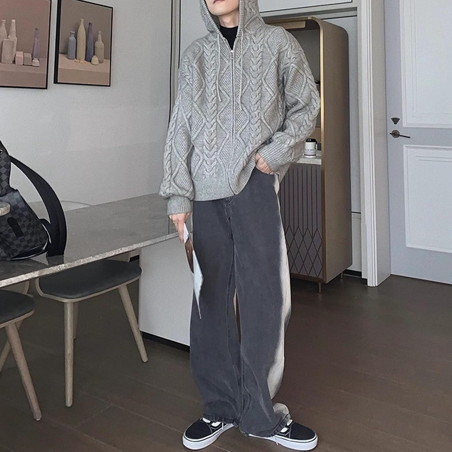 Men Drawstring Hooded Cable Knitted Jacket Unisex Loose Casual Zip up Knit Coat Winter Simple Style Cozy Sweater