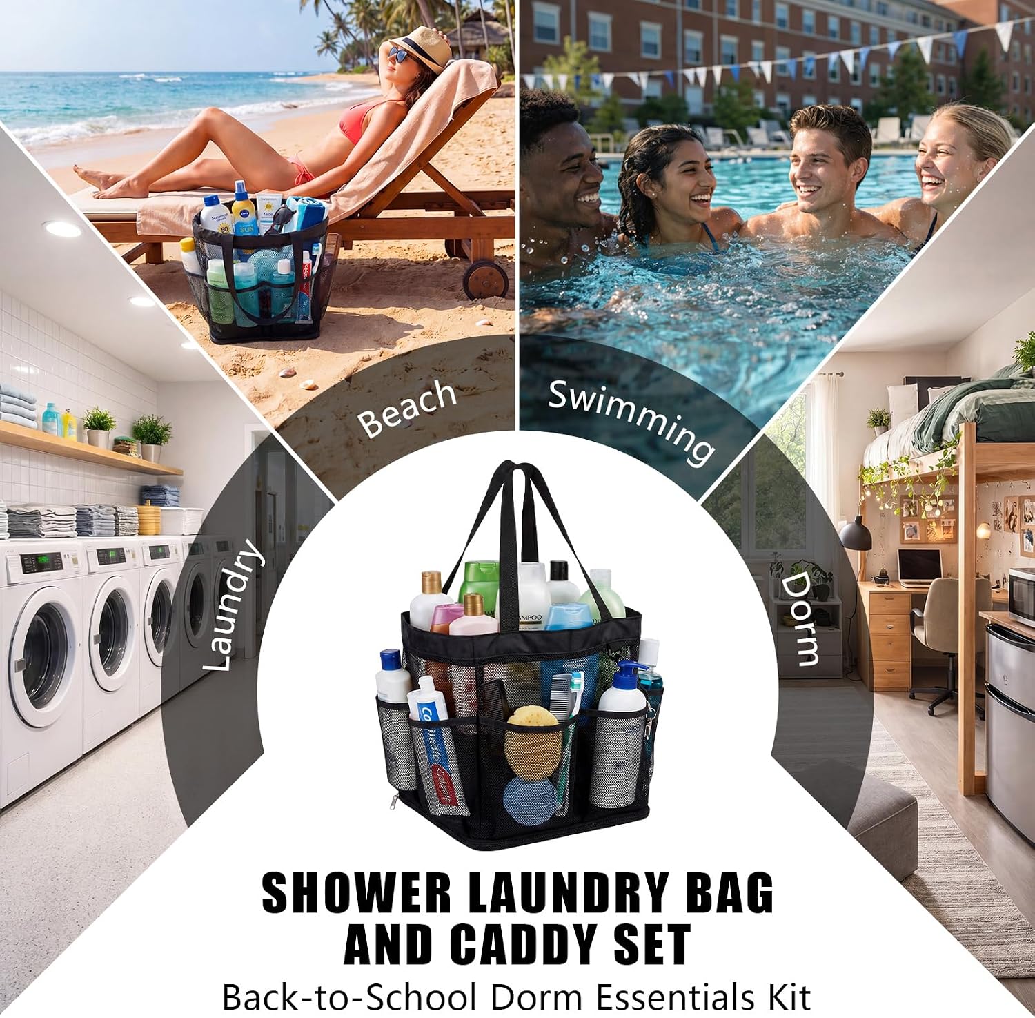 2 Pcs Black Dorm Laundry Backpack and Caddy Portable Set