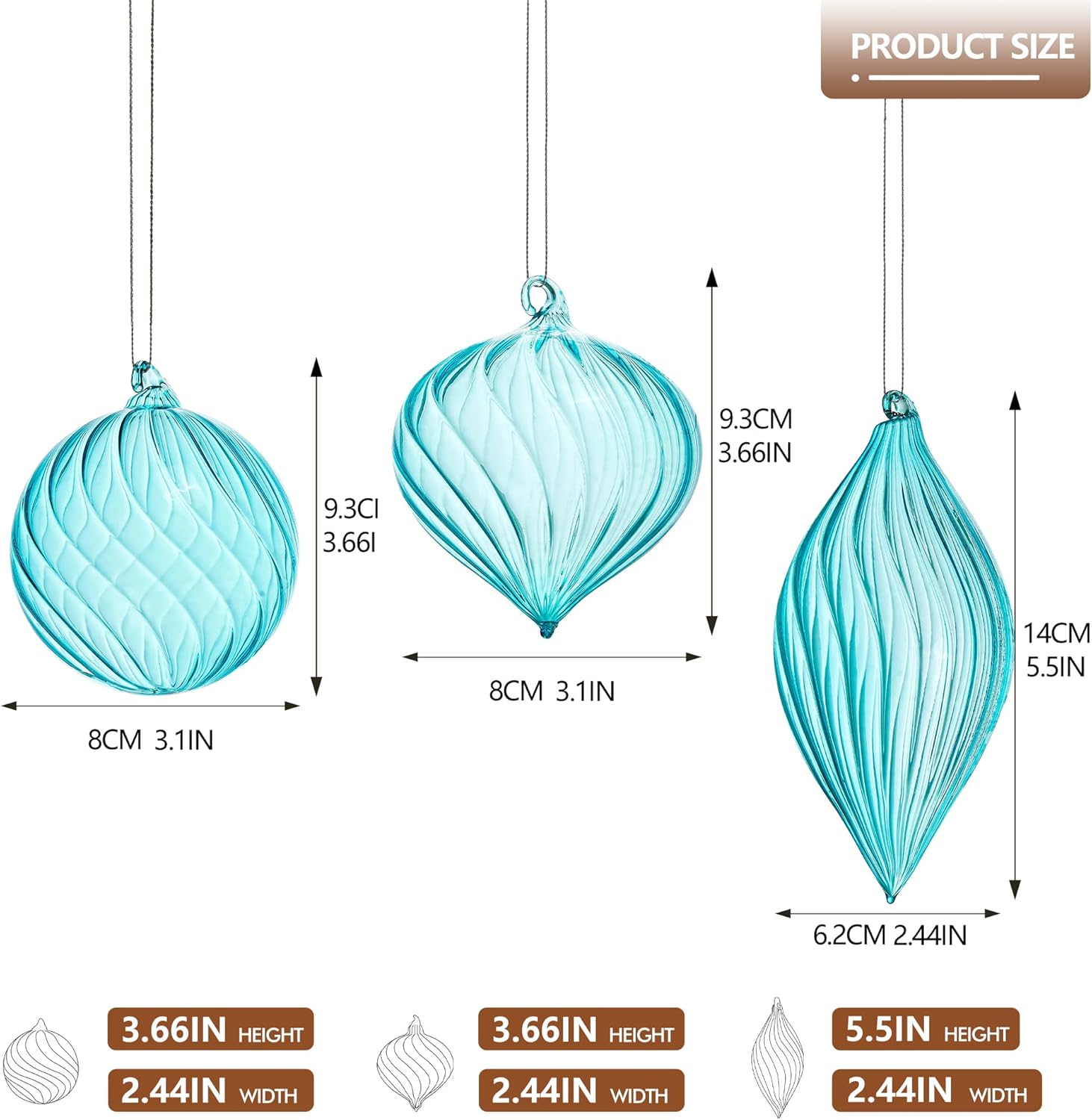 3 Pcs Hand Blown Glass Christmas Ornaments Hanging Baubles for Xmas Tree Decorations (Blue)