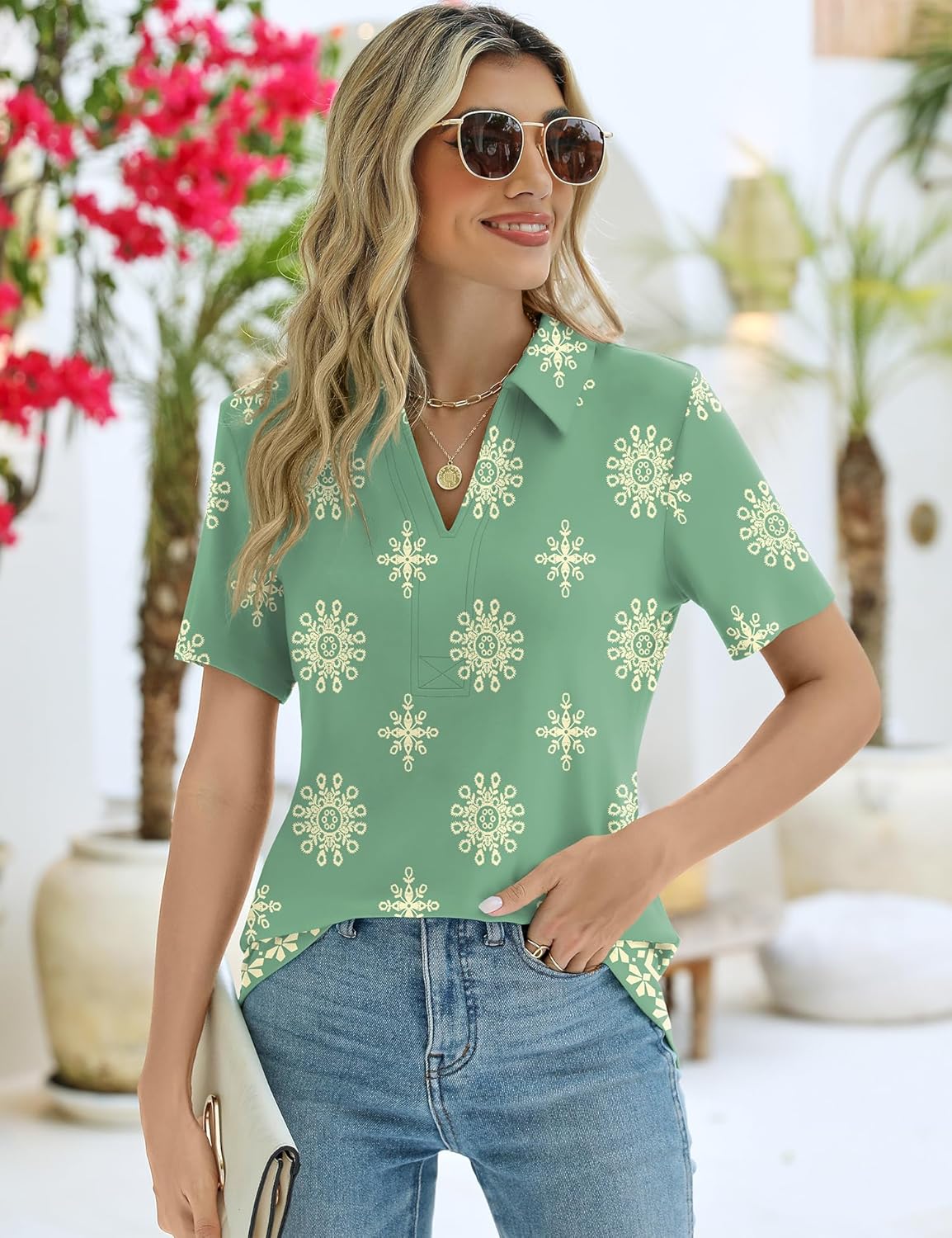 ZHENWEI Women's Short Sleeve V-Neck Polo Shirts Business Casual Work Collared Tops Dressy Johnny Collar Cute Blouses - Image 5