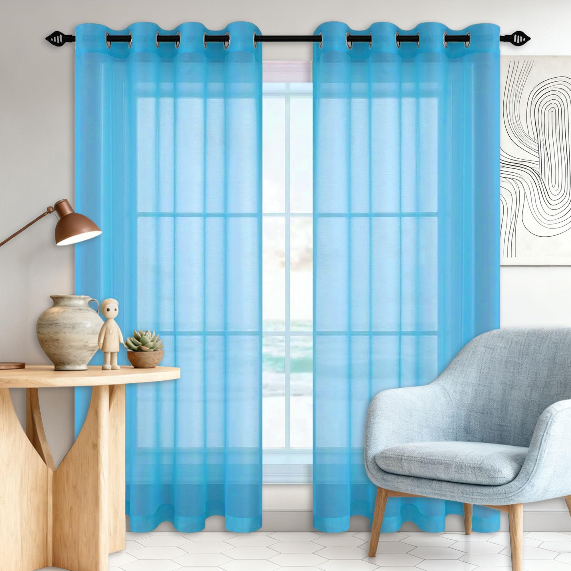 Rideaux voilages bleu ciel 180x310 cm à oeillets pour grand salon