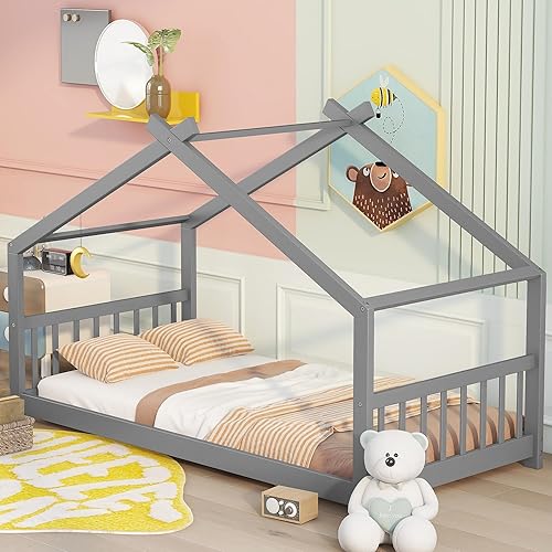 Montessori - Marco de cama de suelo tamaño individual, marco de cama individual con cabecero, estribo y listones, marco de cama Montessori de