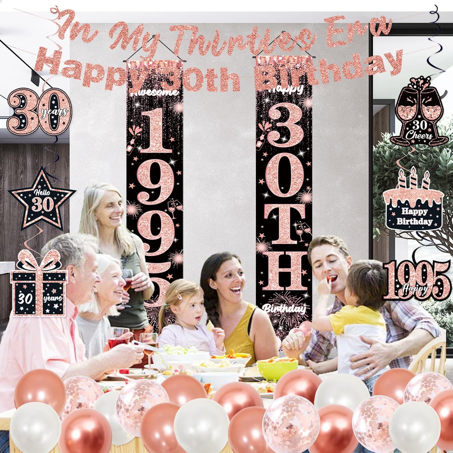 30th Birthday Decorations for Her, Happy 30th Birthday Banner, In My Thirties Era Centerpieces Swirls Party Supplies, Awesome 1995 Door Banners, Rose Gold Thirty Bday Balloons Hanging Swirls - Image 2