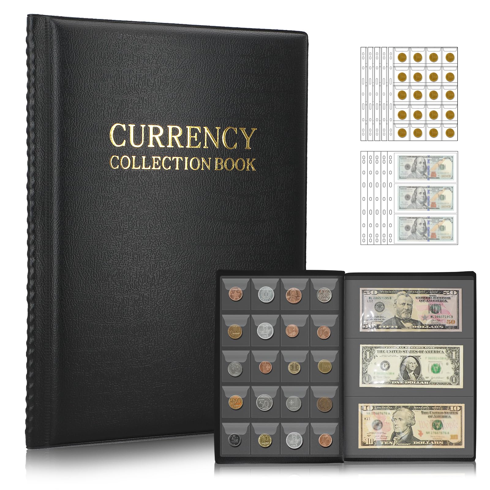 Münzsammelalbum für 100 Münzen (inkl. 2 Euro Stücke) & 15 Geldscheine – 10 Seiten starker Sammelordner für Münzen, Briefmarken & Medaillen – Ideal für Numismatiker, für Zuhause & unterwegs