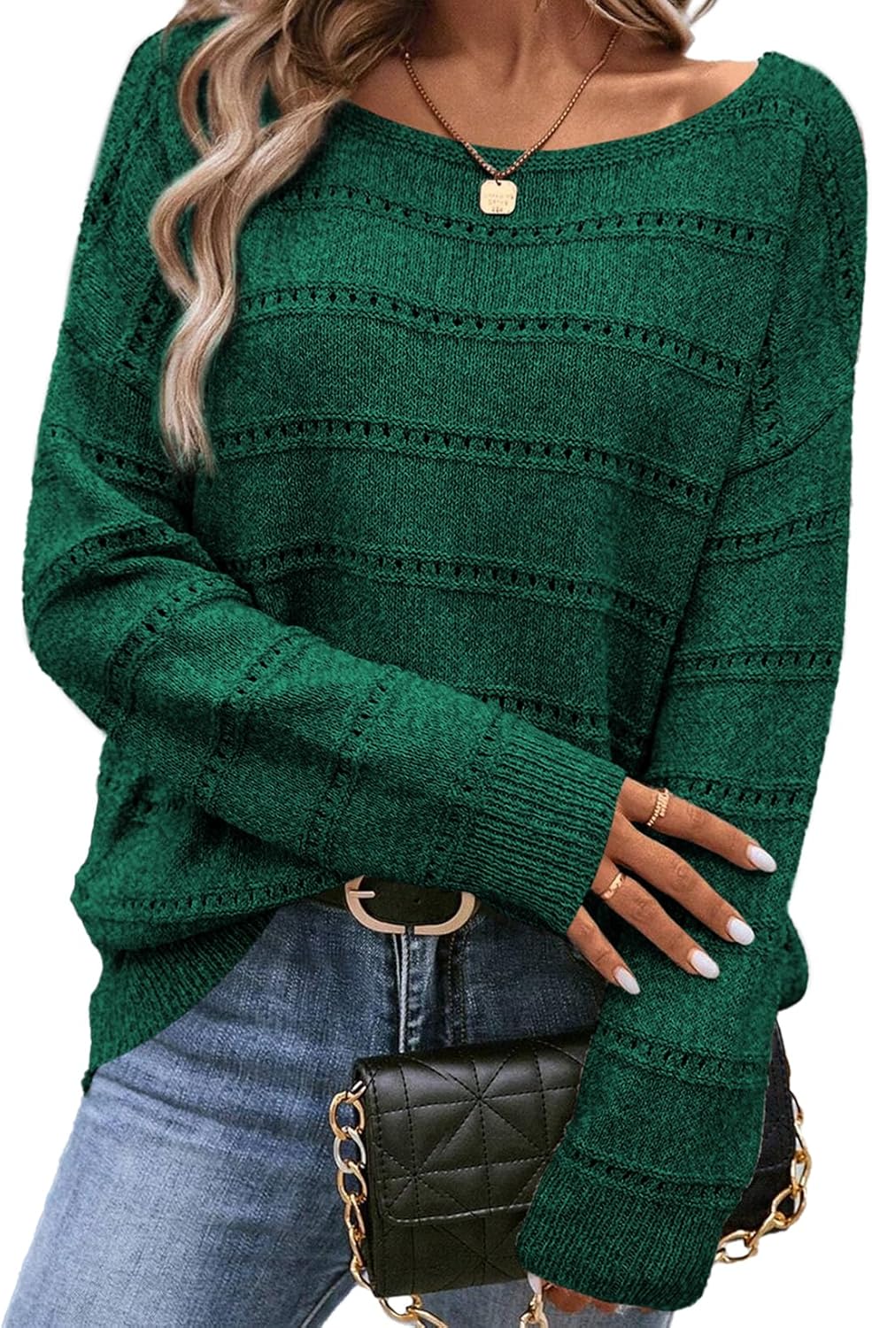 SHEWIN Women's Sweaters Crew Neck Crochet Sweater Lightweight Knit Long Sleeve Tops Shirts Loose Fit Spring 2026