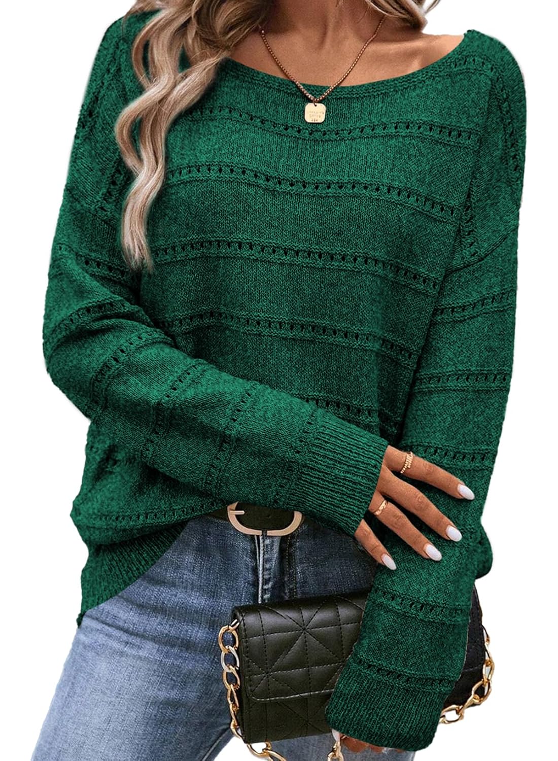 SHEWIN Womens Sweaters Boat Neck Crochet Long Sleeve Sweater Lightweight Knit Tops Shirts Loose Fit Fall Fashion 2025