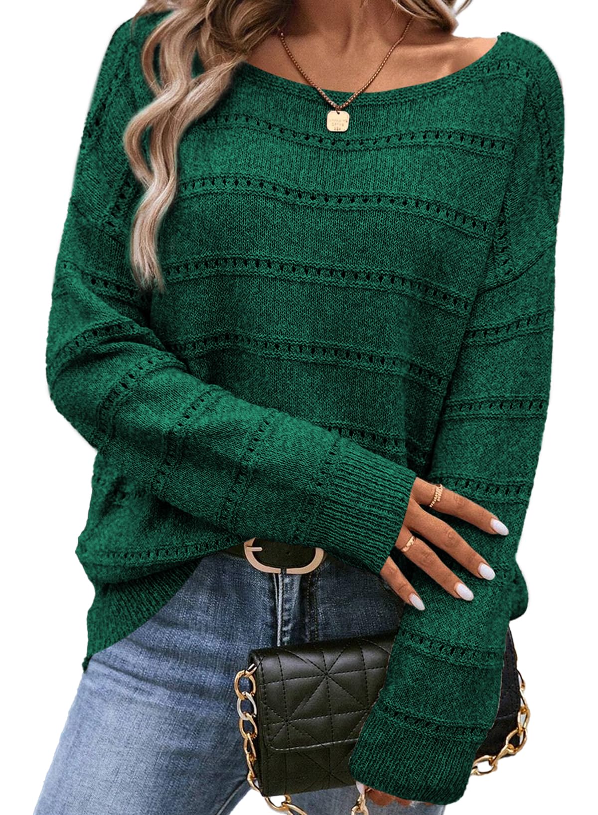 SHEWIN Womens Sweaters Boat Neck Crochet Long Sleeve Sweater Lightweight Knit Tops Shirts Loose Fit Fall Fashion 2025