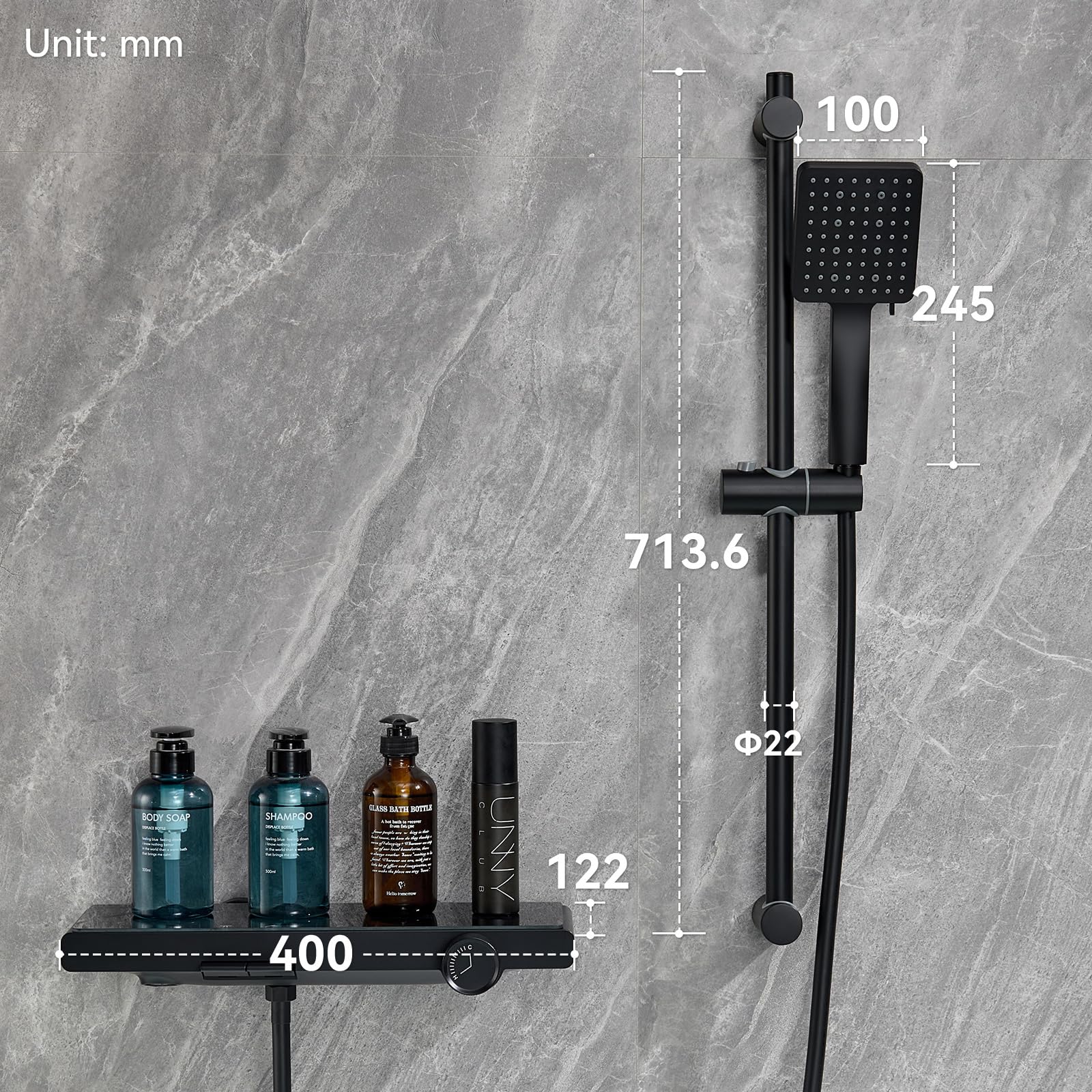 Auralum Grifo Bañera con Ducha y Caño, Diseño Piano con Estante Amplio para Baño, Columna Ducha Ajustable con Alcachofa Ducha 6 Funciones, Barra Ducha Regulable, Flexo PVC 1,5 m Antitorsión, Negro