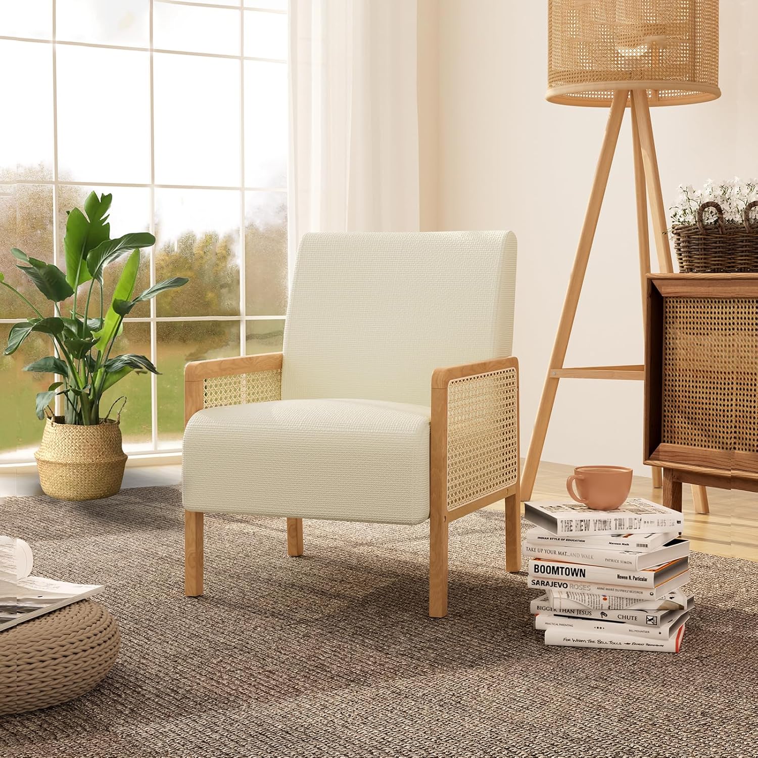 Rattan Accent Chair with Rattan Arms, Mid Century Modern Chair for Living Room, Linen Upholstered Comfy Chair for Bedroom, Reading Room, Home Office, Beige