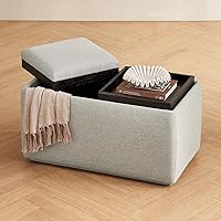 Mopio Levi Storage Bench with Reversible Tray - Modern Upholstered Ottoman Coffee Table for Living Room, Bedroom, Entryway (Light Gray)