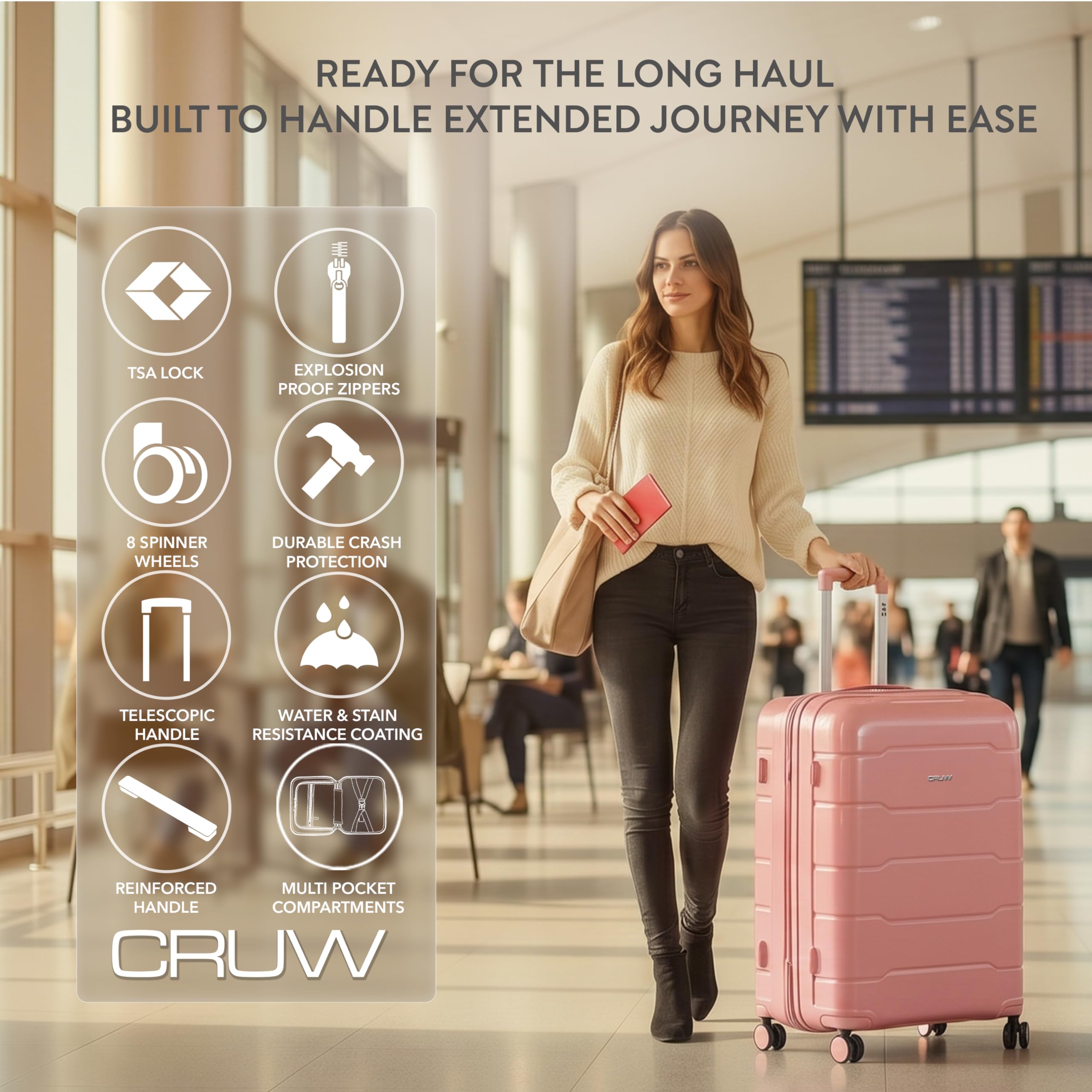 CRUW Large 28" Checked Luggage 77x51x32cm + Expandable Hold Baggage (114/121 Liters) Polypropylene Suitcase TSA Approved Lock 8 Silent Spinner Wheels Lightweight Suitcases Airline-Approved Travel