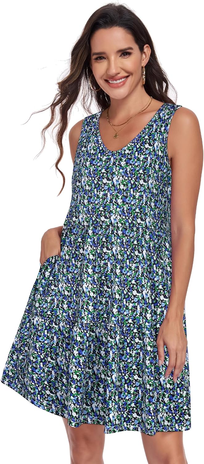 elescat Sundresses for Women Summer Casual Loose Sleeveless Tiered Swing V Neck Tank Dress with Pockets - Image 5