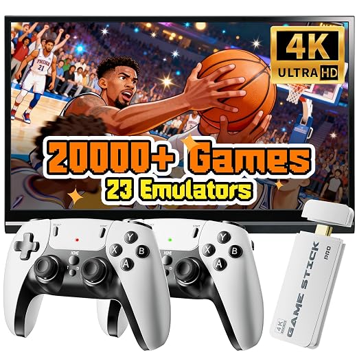 2026 New Retro Gaming Console Stick Pro, Classic Video Games with 4K HDMI, Built-in 23 Emulators, 20000+ Games, Plug & Play TV Video Gaming Stick with Dual 2.4G Wireless Controllers(64GB)