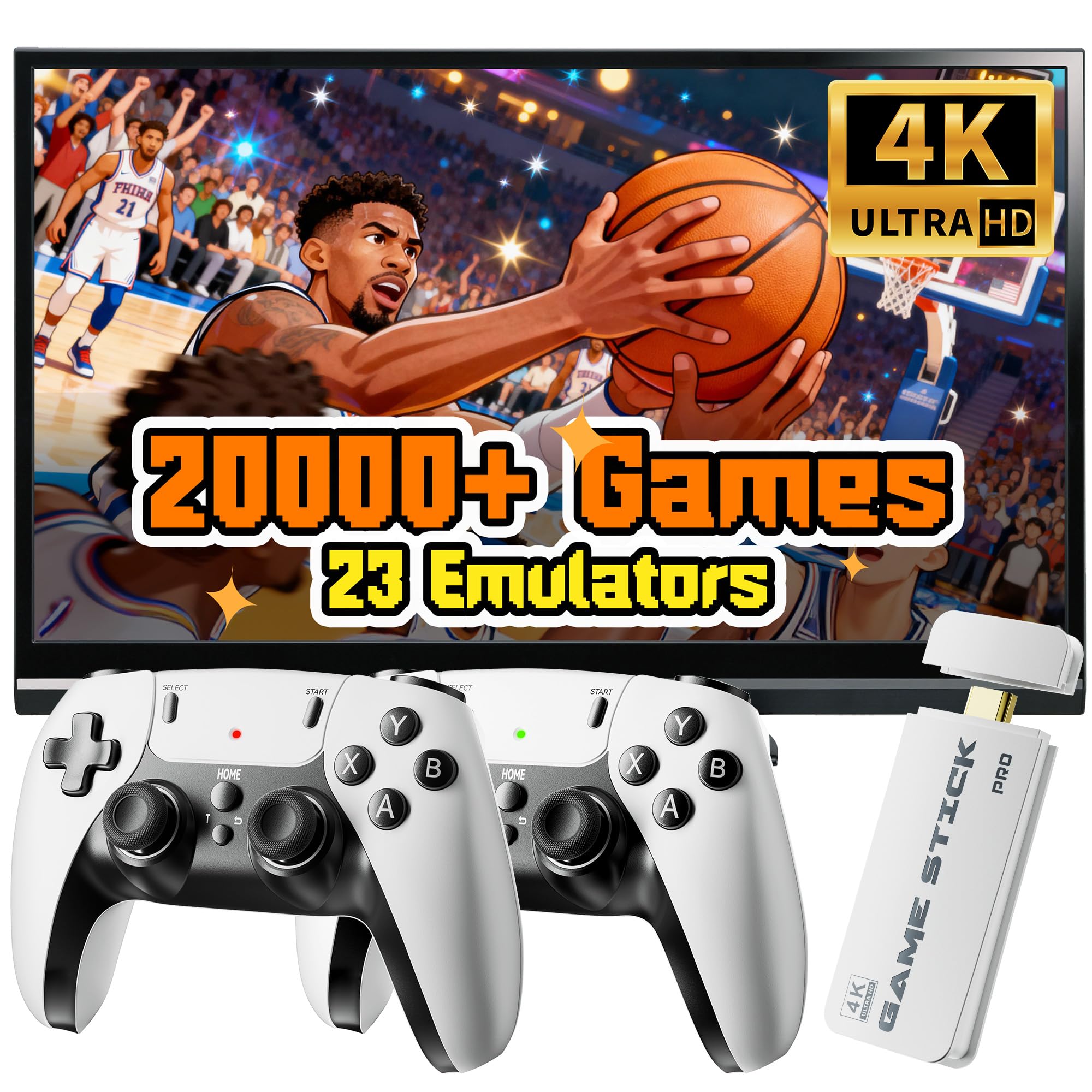 2026 New Retro Gaming Console Stick Pro, Classic Video Games with 4K HDMI, Built-in 23 Emulators, 20000+ Games, Plug & Play TV Video Gaming Stick with Dual 2.4G Wireless Controllers(64GB)