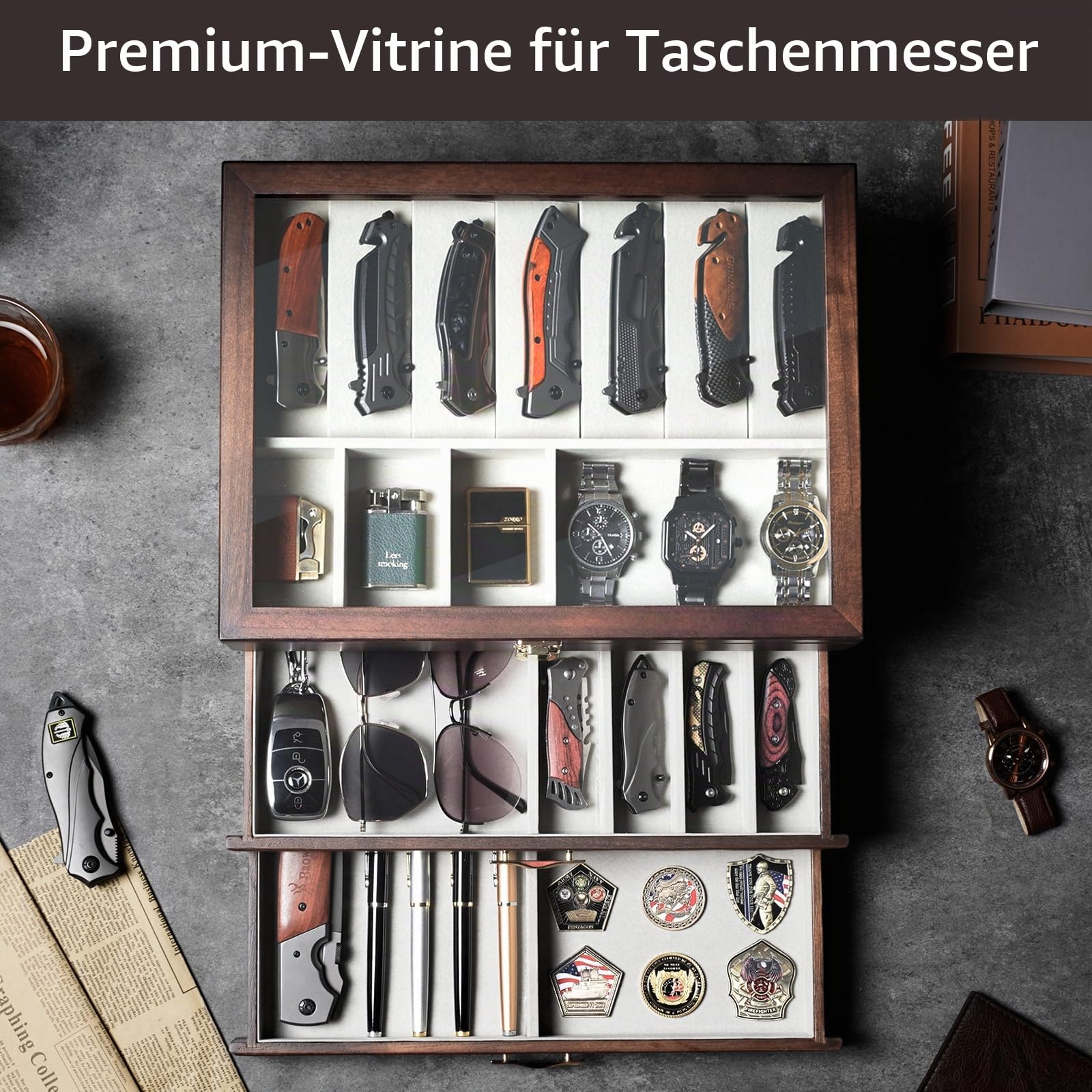 3-stöckige Messerhalter, Holz Messerständer für 17–23 Taschenmesser-Vitrine, Taschenmesser-Sammlung mit Echtglasfenster oben, Messer-Aufbewahrungsbox als Geschenk für Männer (Nussbaum)