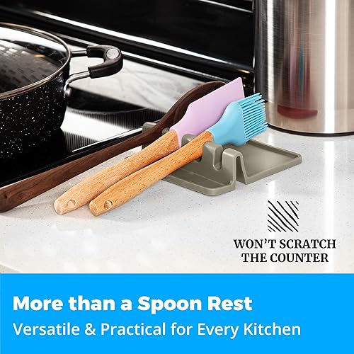 Miniatura 5 de Soporte para cucharas de silicona color crema para estufa con almohadilla de goteo (paquete de dos unidades), resistente al calor, sin BPA, soporte