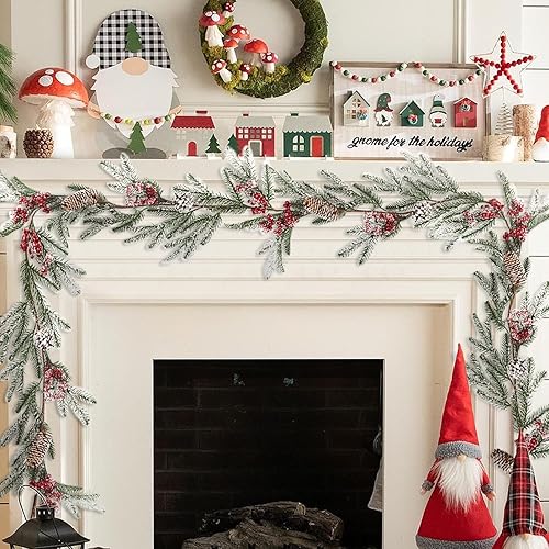 Miniatura 3 de Guirnalda de Navidad artificial nevada de 6.23 pies con piñas de bayas de acebo, guirnalda de vegetación de invierno para temporada navideña,