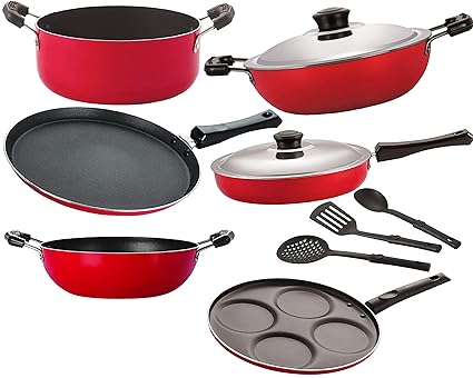 NIRLON Nonstick Heavy Gauge Aluminium Cookware Combo Gift Set with Lid -9 Pieces [FT13_FP13_KD14_DKD(M)_Cass20_UP4_3SPN]