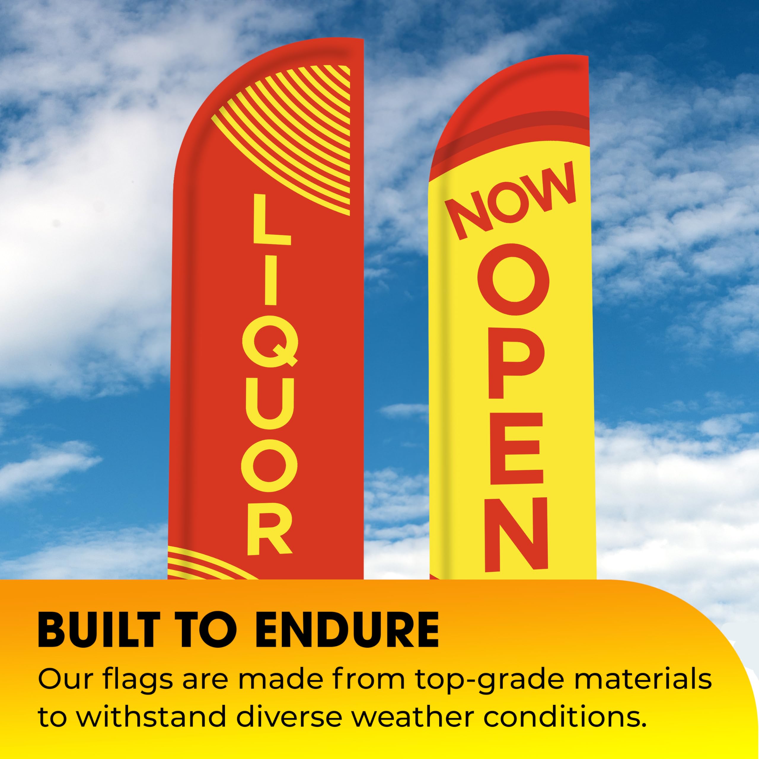 Liquor Now Open King - Juego de 2 carteles de bandera sin viento con poste híbrido completo
