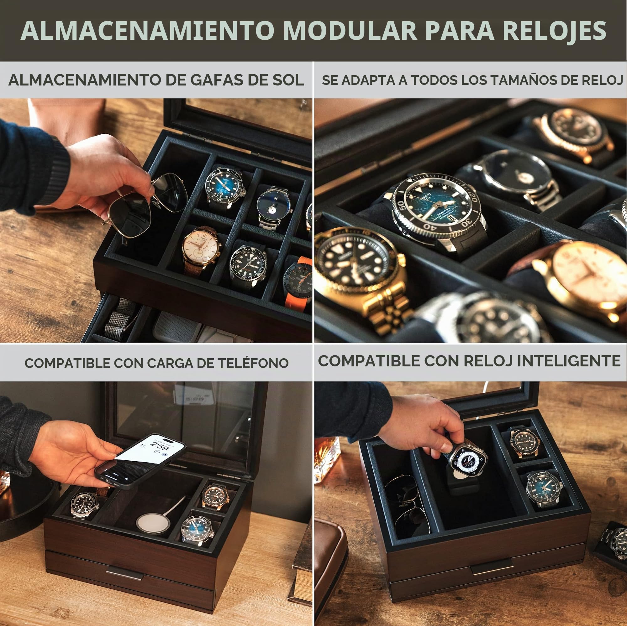 CASE ELEGANCE Caja organizadora de reloj con 8 ranuras para hombres, acabado de madera de cerezo y nogal, caja de exhibición de reloj, bandeja de valet modular, marrón | Caja de reloj, construcción de madera, bandeja modular para valet