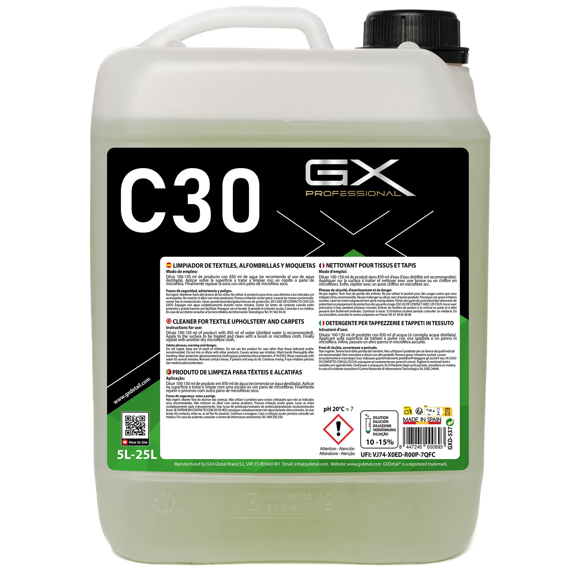 GxDetail Limpiador de Tapicería Textil Concentrado Perfumado 5 litros para Coche – Dilución 15% - Elimina Manchas y Olores – Limpieza Profunda y Secado Rápido – Seguro para Todo Tipo de Tejidos