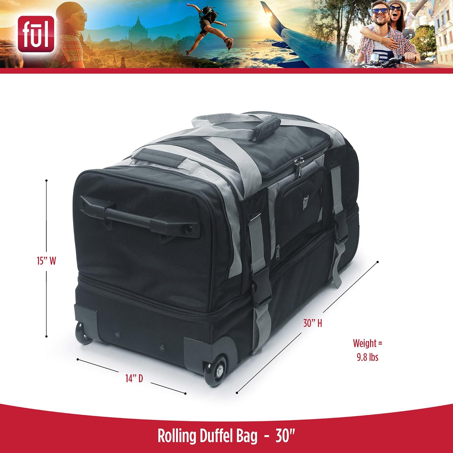 FUL Rig 30 Inch Rolling Duffel Bag, Travel Luggage with Wheels 30" Black