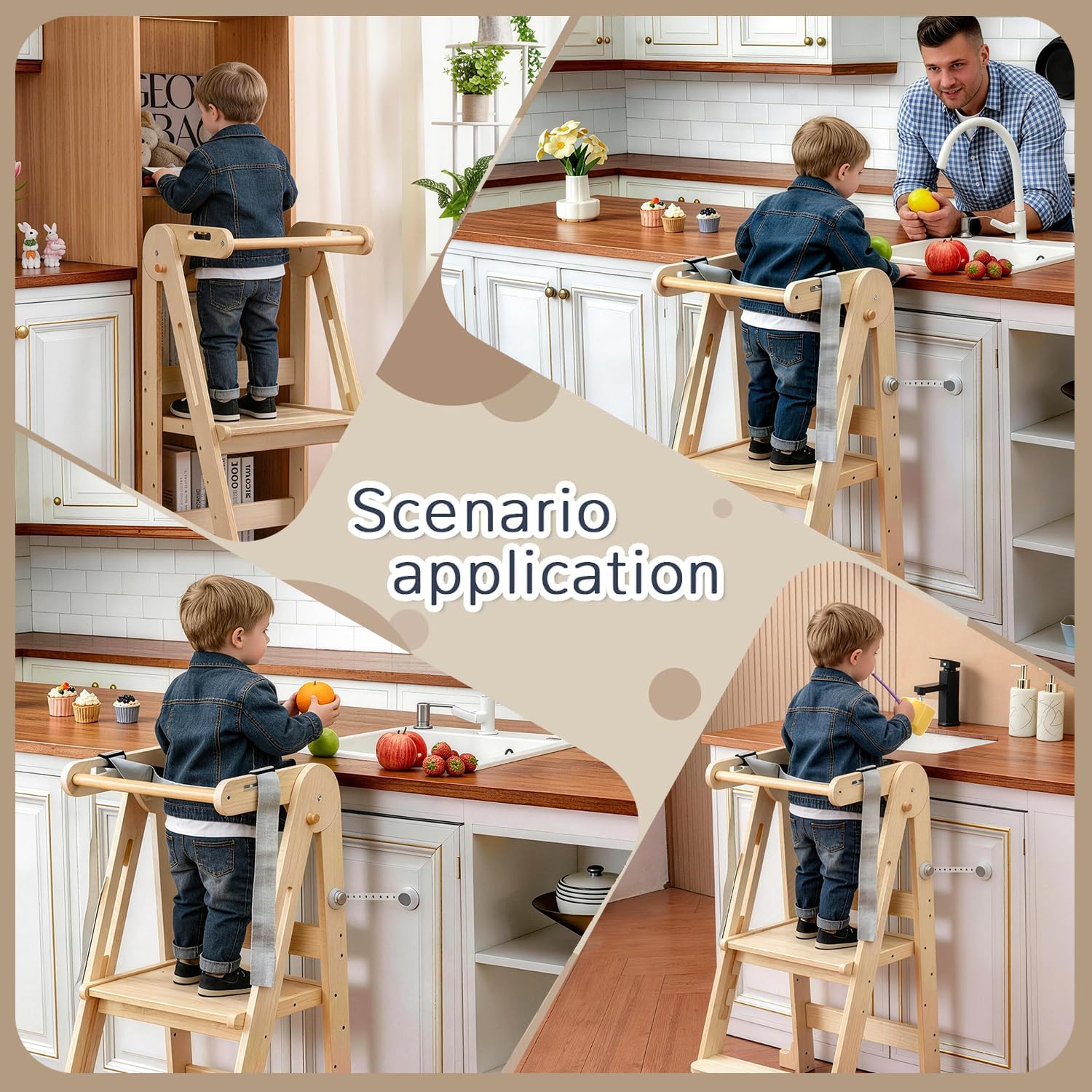 Kids Kitchen Step Stool, Folding Toddler Tower, Height Adjustable Toddler Tower with Safty Rail and Anti-Slip Device(Wood Original Color)