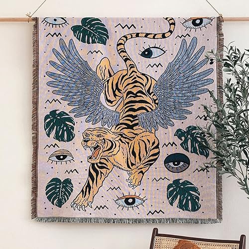 Manta tejida con borlas y alas de tigre, diseño de hojas y ojos para decoración del hogar, silla, sofá, cama, playa, viajes, picnic, mantón,
