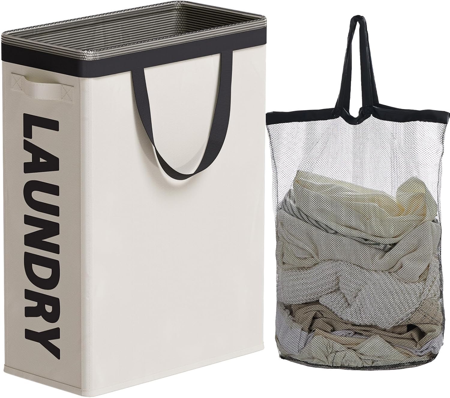 Slim Laundry Hamper with Removable Inner Bag and Side Handles, 45L Small Laundry Baskets to Store Clothes, Narrow Dirty Clothes Hamper for Laundry Room, Bathroom, Bedroom, and Living Room - Beige