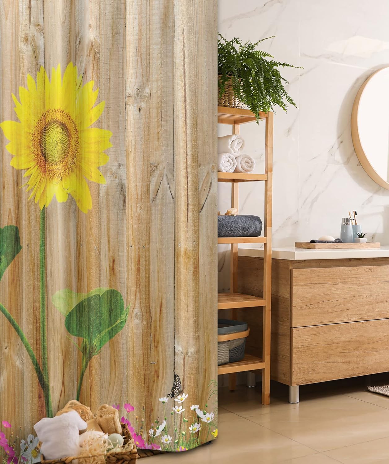 Ambesonne Sunflower Stall Shower Curtain, Sunflower Painting on Wooden Background Timber Countryside Theme, Fabric Bathroom Decor Set with Hooks, 36" W x 72" L, Sand Brown Yellow Green