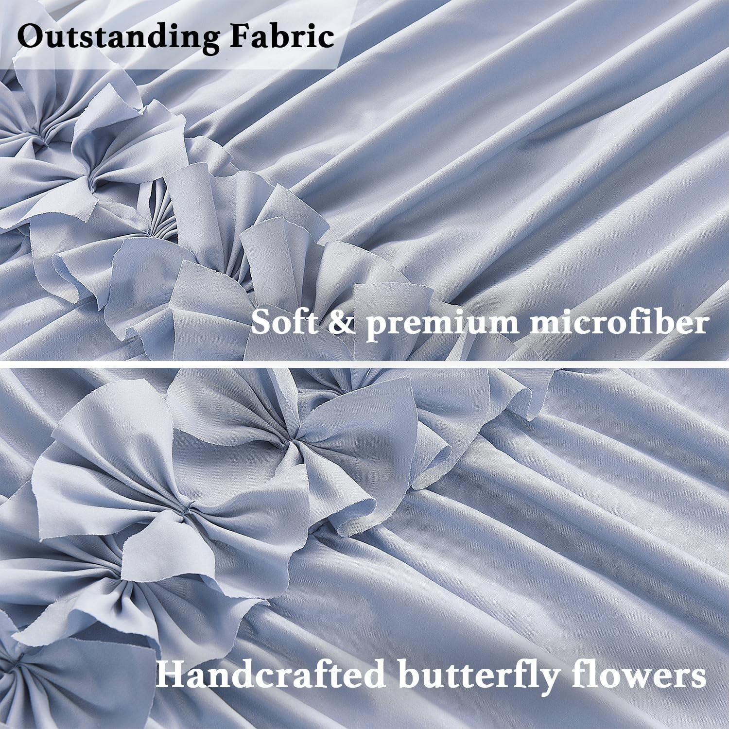 Fog Blue Ruffle Shower Curtain, Vintage Handcrafted Bow Tie Bath Curtain for Master Bathroom, Ruched Microfiber Bathroom Curtain with 12 Buttonholes, 72" W x 72" H (LQ-10)