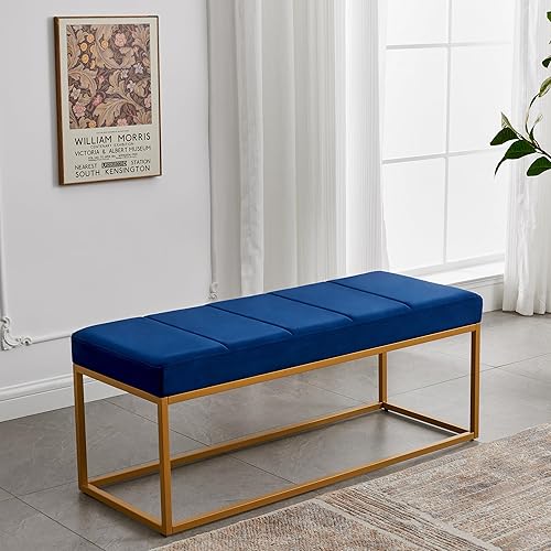 Miniatura 9 de Befurtori Banco de terciopelo para dormitorio, banco tapizado en el extremo de la cama con marco de metal, moderno banco de entrada de canal
