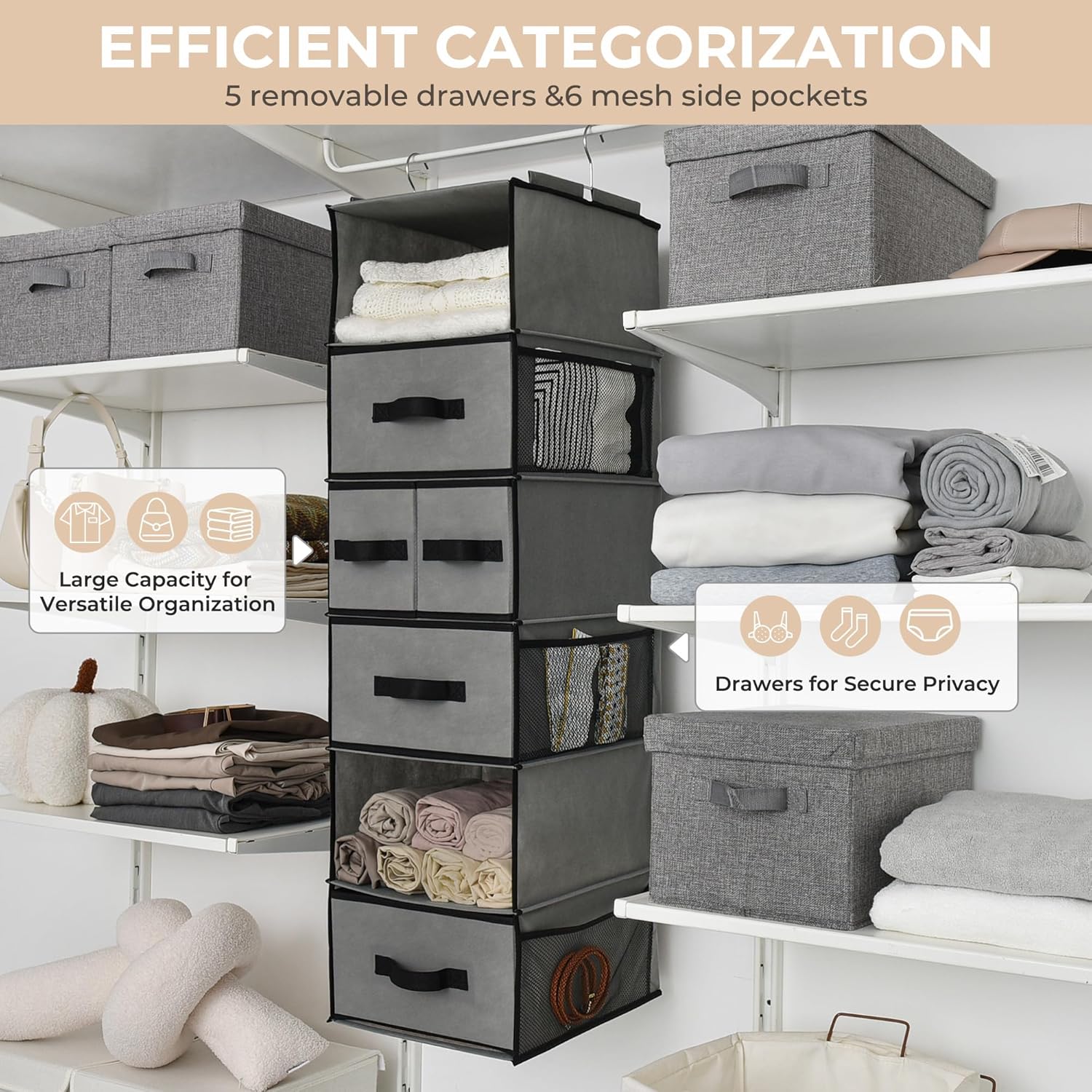 GRANNY SAYS Hanging Closet Organizer 6 Shelves, Closet Organizers and Storage with 5 Drawers, 6 Side Pockets Closet Hanging Organizer, Hanging Storage Organizer for Closet, Baby Clothes, Gray - Image 5