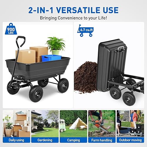 Miniatura 6 de Yesker Carros de jardín  Carro volquete de 900 libras con ruedas inflables todo terreno para patio, césped, granjas, jardinería, carretilla de