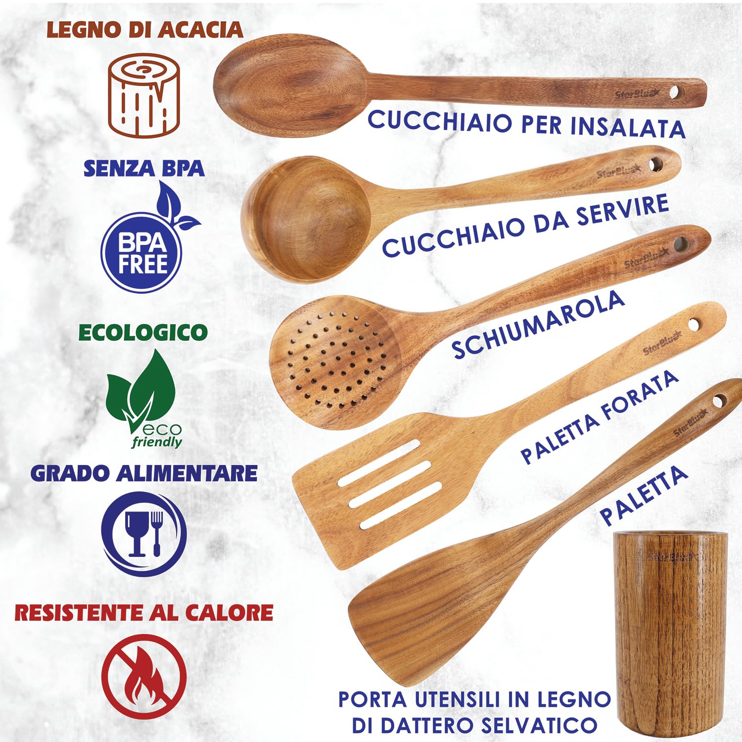 StarBlue - Set Di Utensili Da Cucina In Legno Di Acacia Da 6 Pezzi; Resistenti Spatole Antigraffio Per Pentole Antiaderenti; Set Di Spatole Ecologiche Ed Ergonomiche Con Apposito Contenitore In Legno