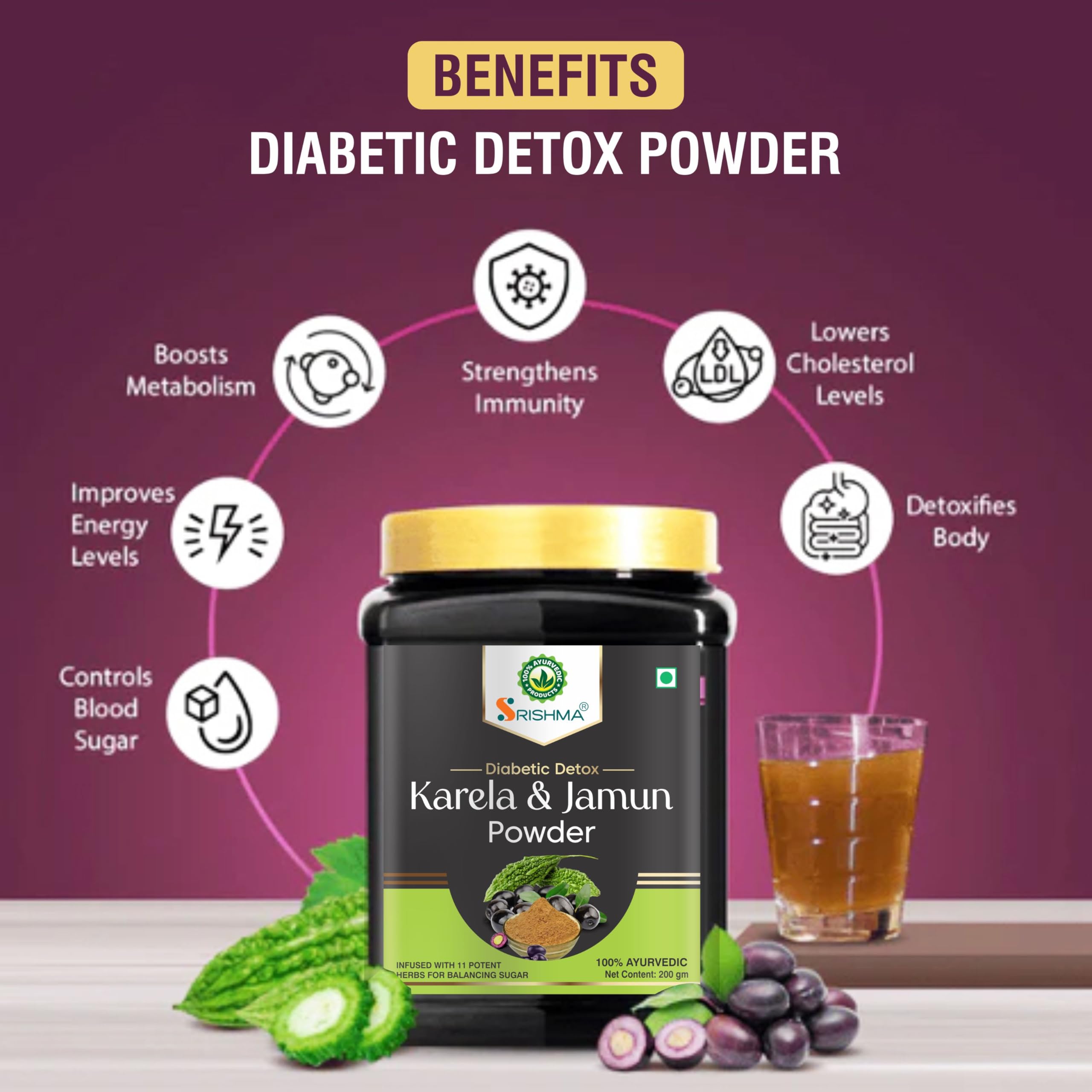 Srishma Karela, Jamun Diabetic Detox Powder | Infused with 11 Potent Herbs for Balancing Sugar | 100% Ayurvedic (200g) 4