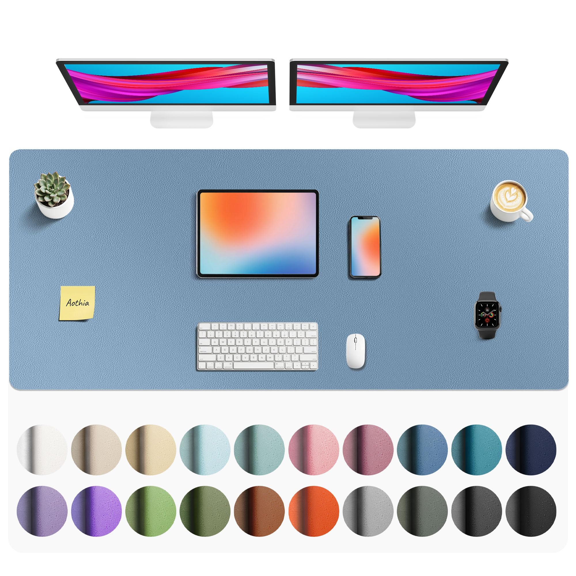 Aothia Faux Leather Desk Mat - Non-Slip PU Leather Desk Blotter, Waterproof Writing Surface, Large Desk Pad for Office &amp; Home (Denim Blue, 55" x 24")