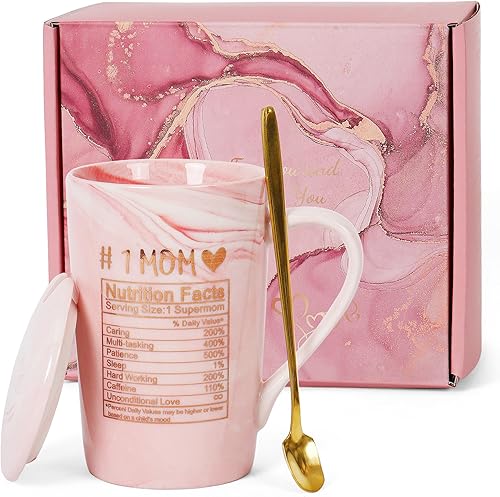 Taza de café para mamá, taza de café de 12 onzas con exquisita caja de cuchara de embalaje, taza de ideas divertidas de mármol de cerámica rosa,