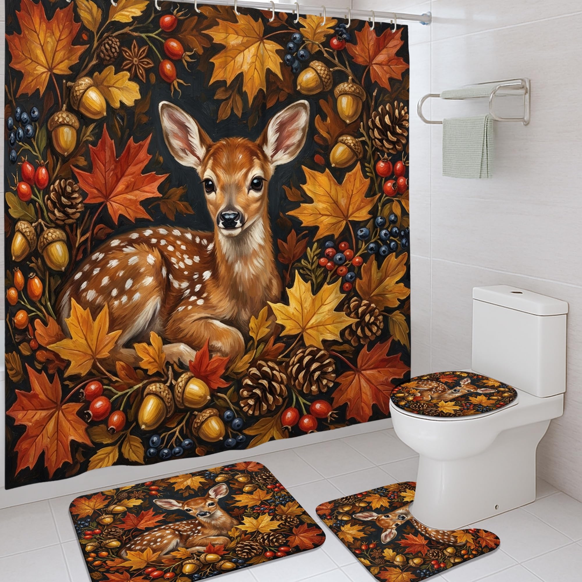Rideau de douche rustique 183x183 cm et tapis fauve assorti