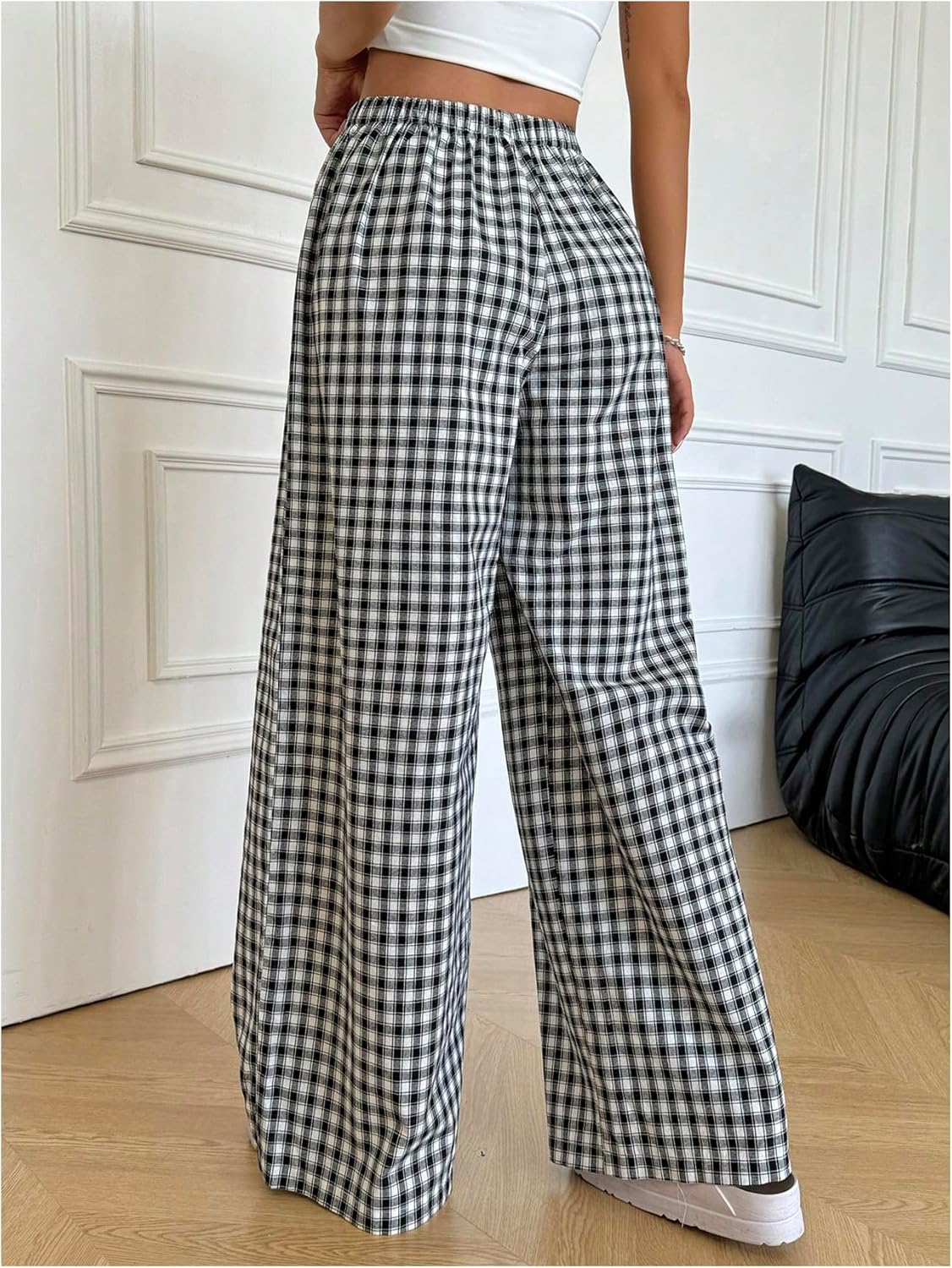 Verdusa Women's Gingham Plaid Wide Leg Pants Streetwear Casual High Rise Baggy Trousers - Image 2