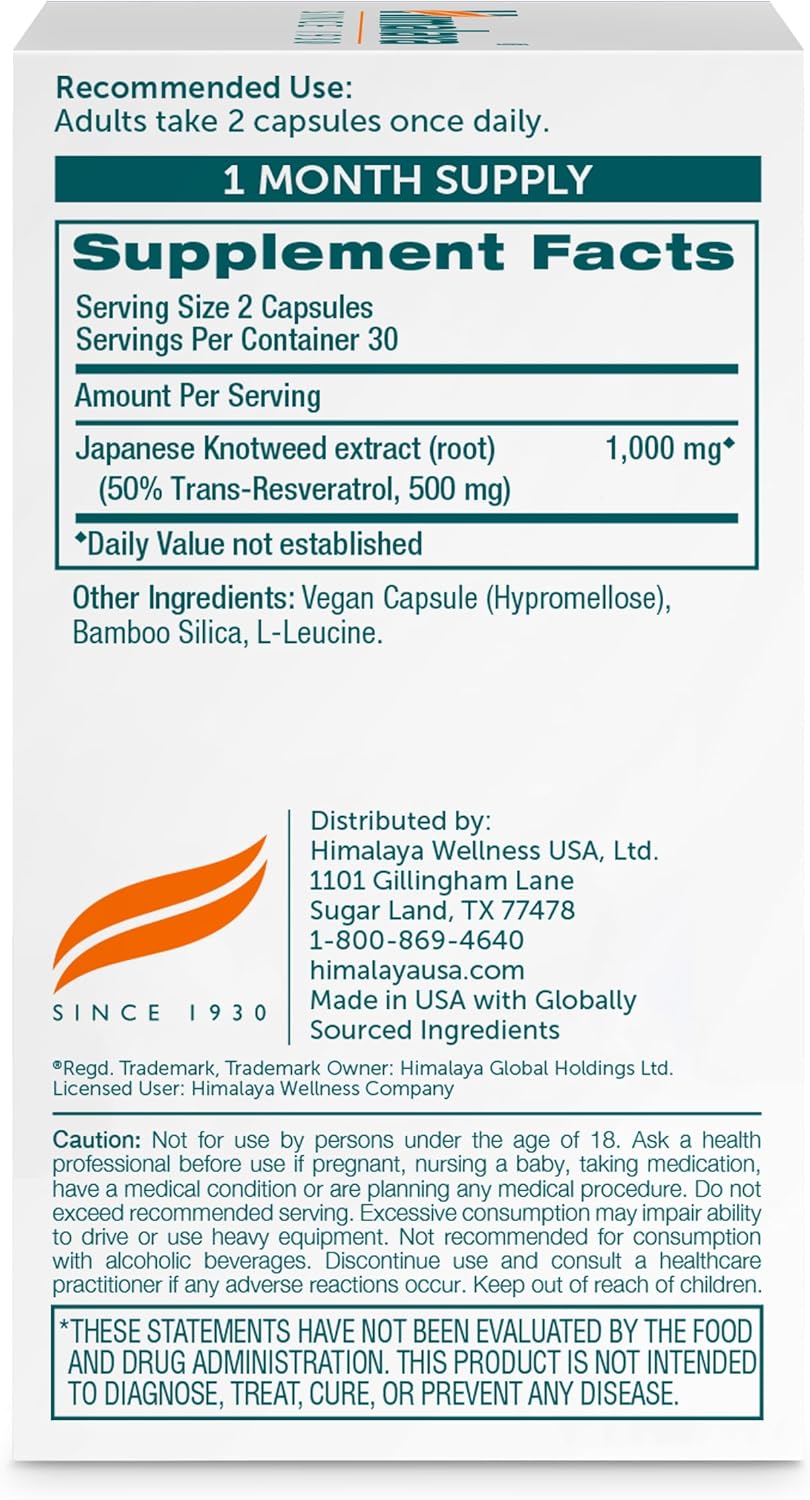 Himalaya Resveratrol for Healthy Aging and Antioxidant Support, 1,000 mg of Resveratrol, with 500 mg Trans-Resveratrol Daily, 60 Vegan Capsules, 1 Month Supply