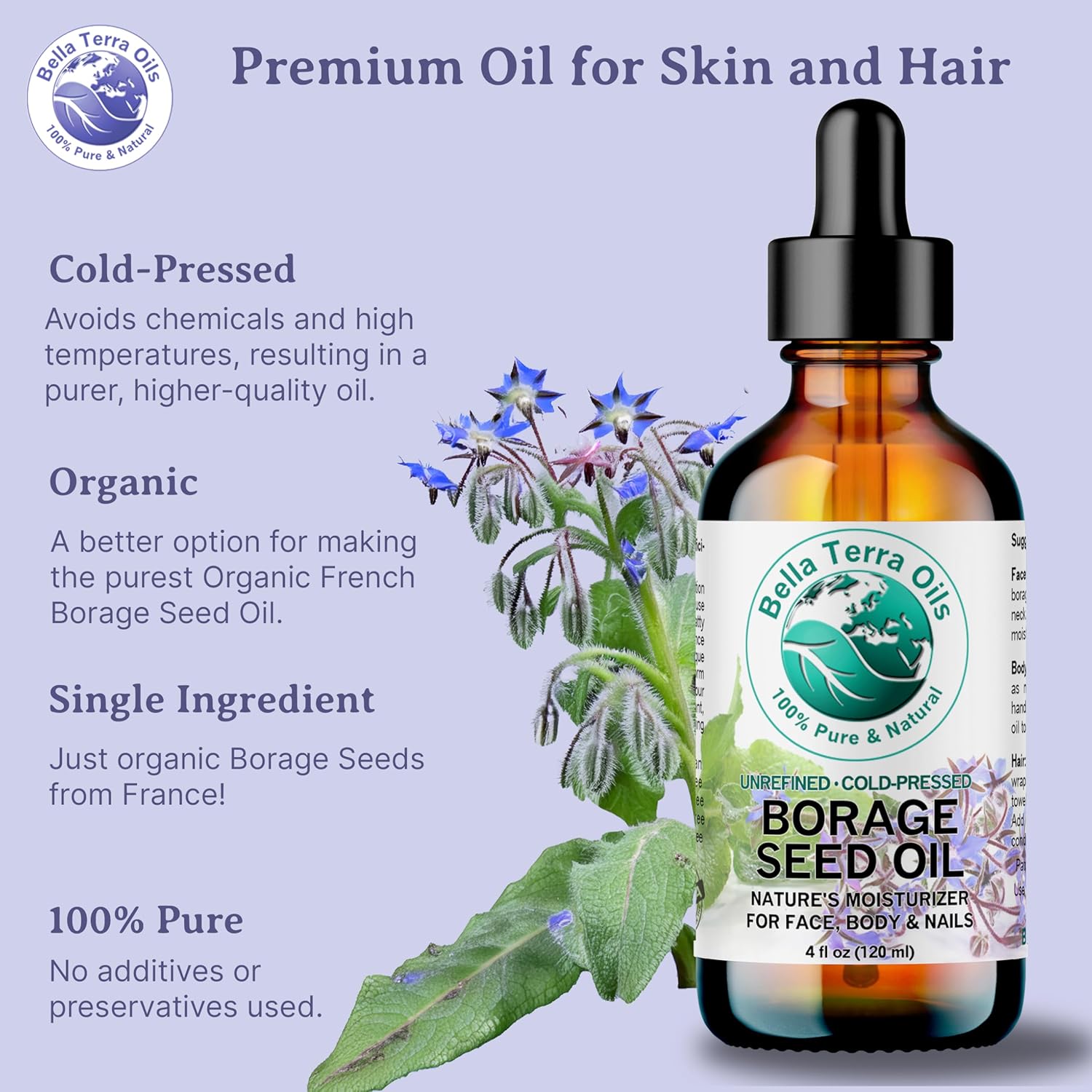 Bella Terra Oils - Organic Borage Seed Oil 16 oz - Unveiling the Power of GLA & Vital Vitamins, Pure Nourishment, Elevate Every Skin Care Routine