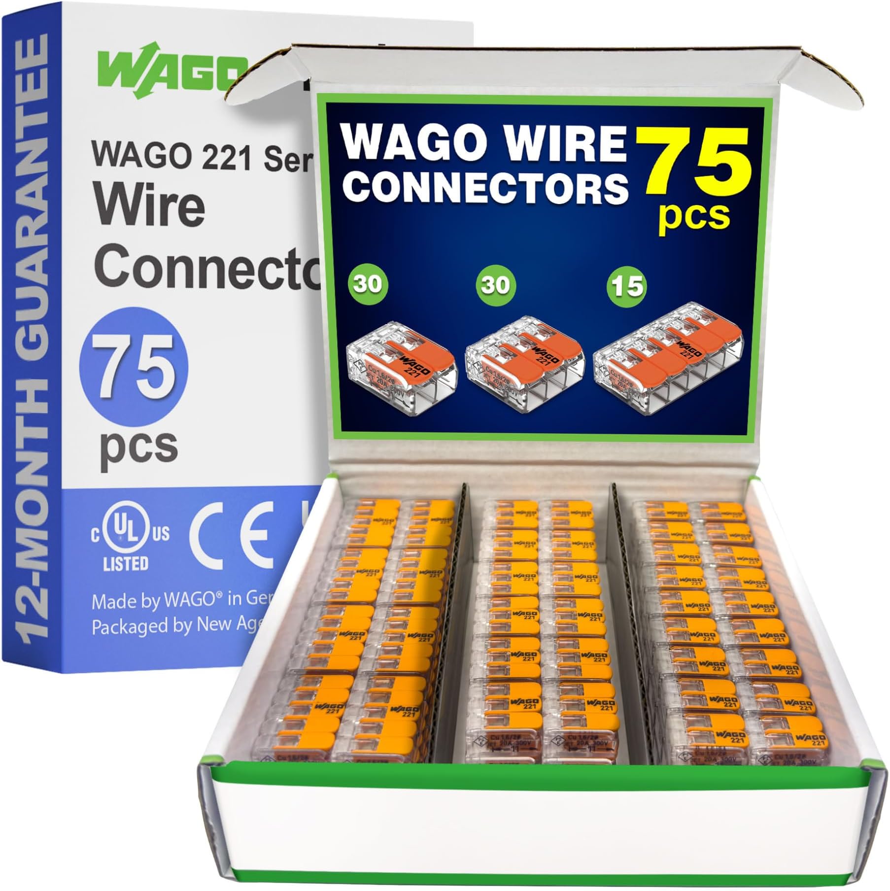 New Age America WAGO 221 Series Compact Splicing Wire Connector Assortment Pack 75pc | 221 Series Assortment with Case | Includes (30x 221-412), (30x 221-413), (15x 221-415)